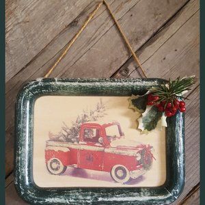 Red Truck with Christmas Tree Wall Decor Art